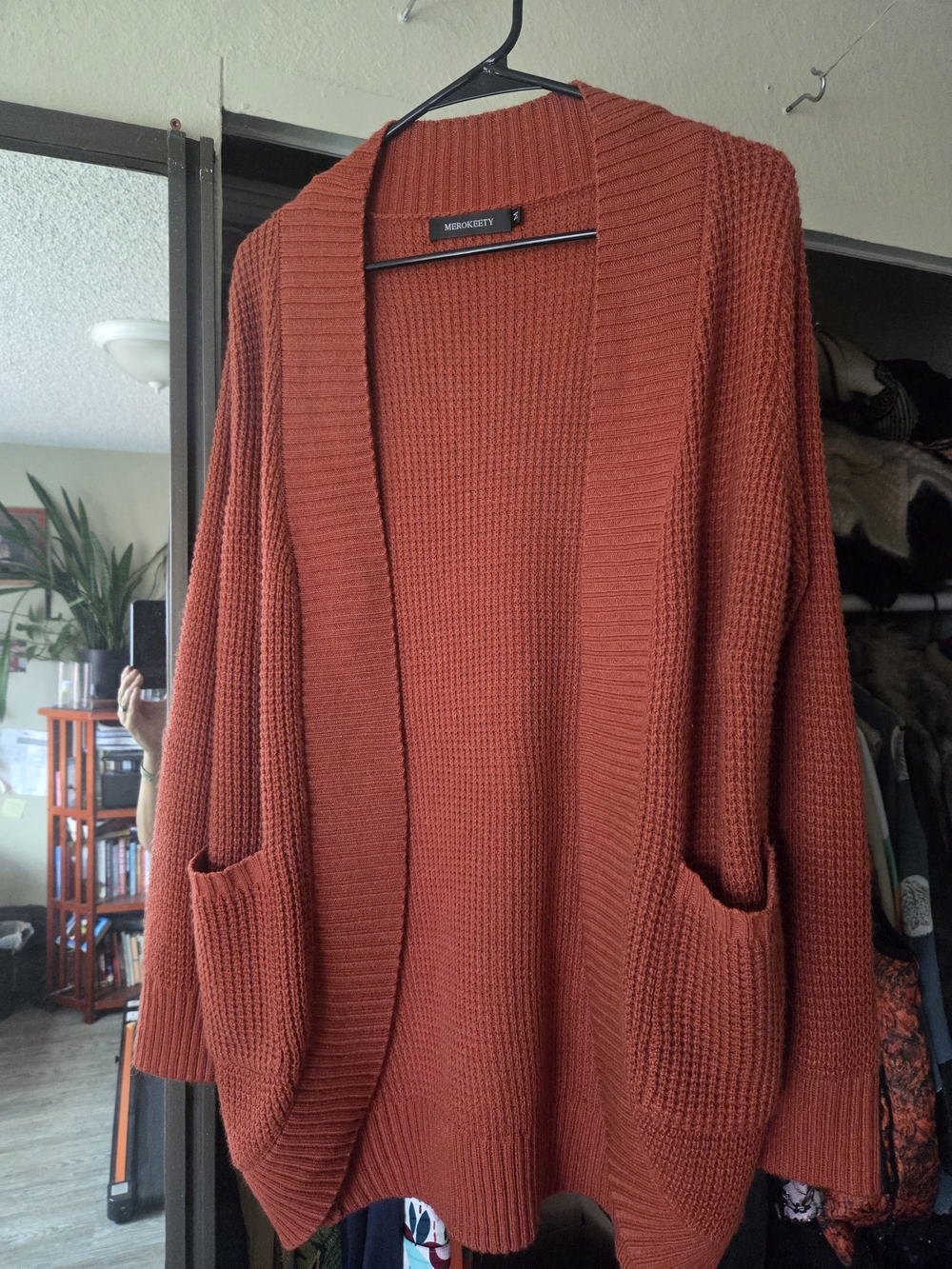 MEROKEETY Rust Open-Front Waffle Knit Cardigan - Picture 2 of 6